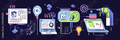 Abstract equalizer music technology concept with laptop computer headphones light bulb sound wave and mixer control panel in flat vector style