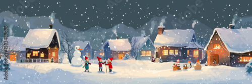 Cozy winter village snowy scene with illuminated cabins children building snowman festive outdoor winter activities peaceful evening landscape illustration