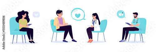 Group therapy session with psychologist and patients discussing mental health, emotional support, counseling and psychological care concept vector illustration