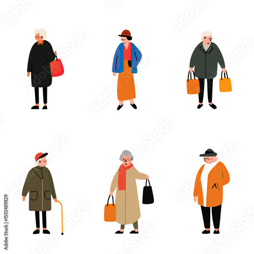 Vector illustration of diverse elderly people in minimalist flat style wearing coats, hats, carrying bags, and using walking cane in casual poses on white background