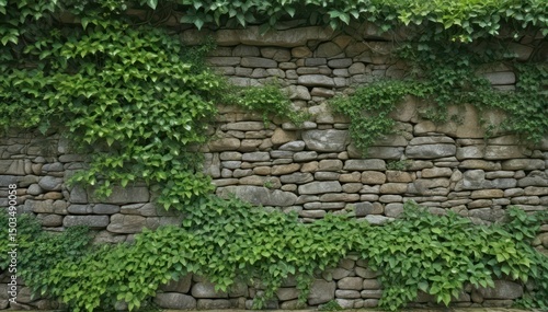 Ancient stone wall, lush green ivy, natural setting, landscape, autumn
