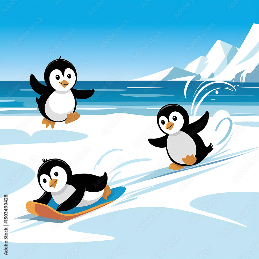 Obraz premium A group of penguins are playing in the water.