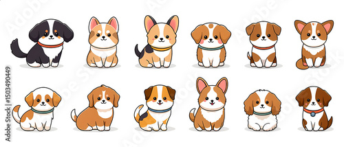 A row of puppies with different colors and markings.