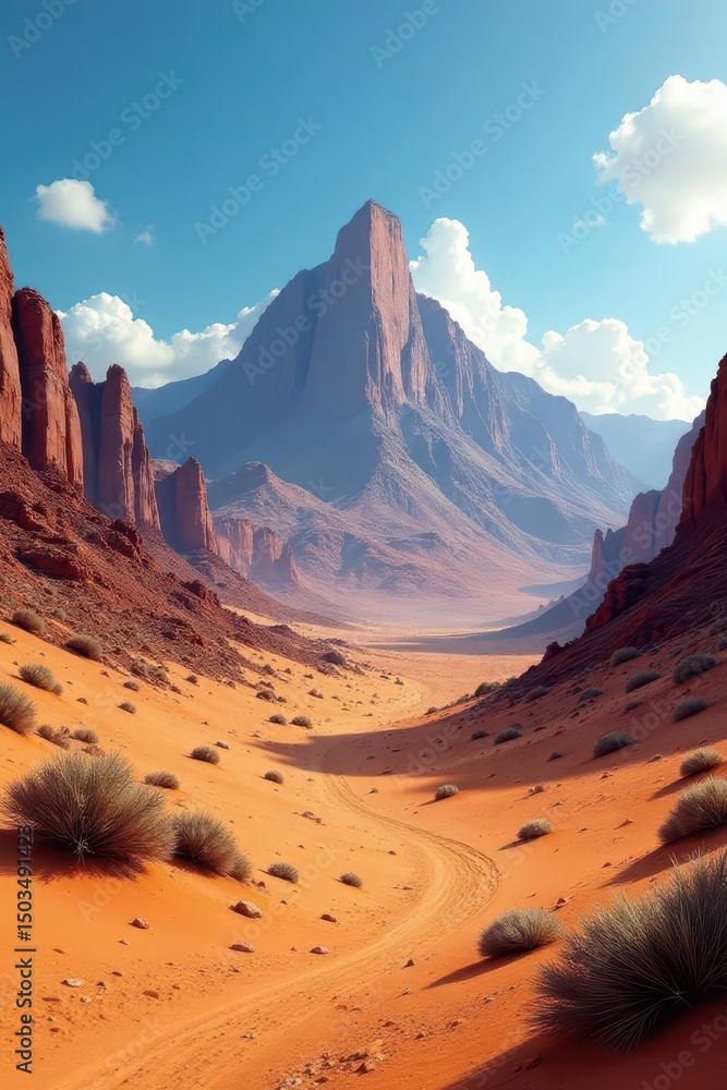 Naklejka premium Stark, sun-baked desert, towering mountain backdrop, panorama, yellow