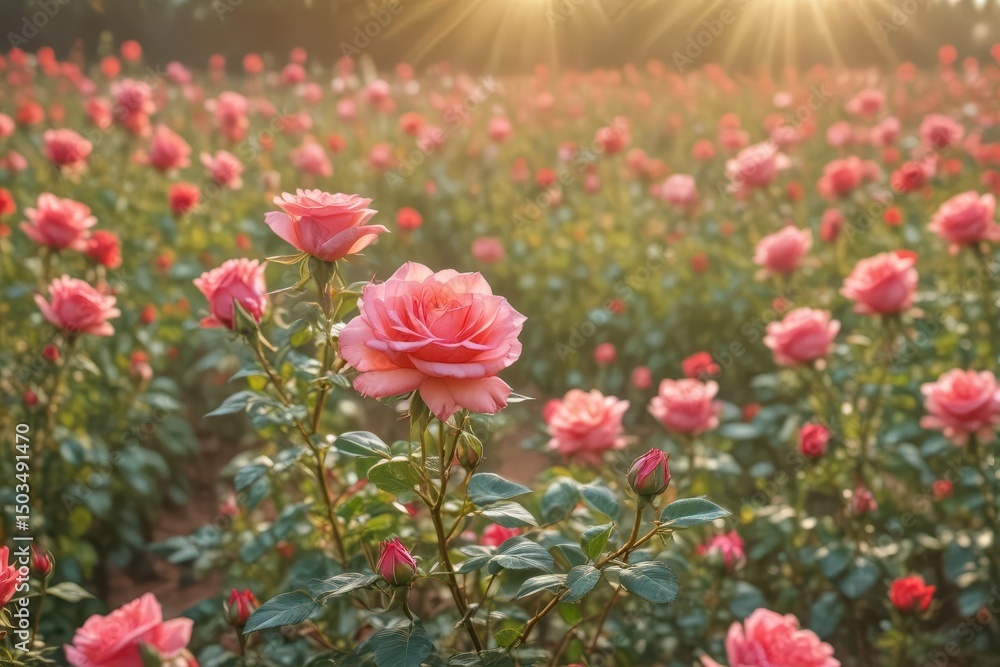 Fototapeta premium Sun-kissed rose field, dreamy bokeh; vibrant floral scene, image, close-up, field