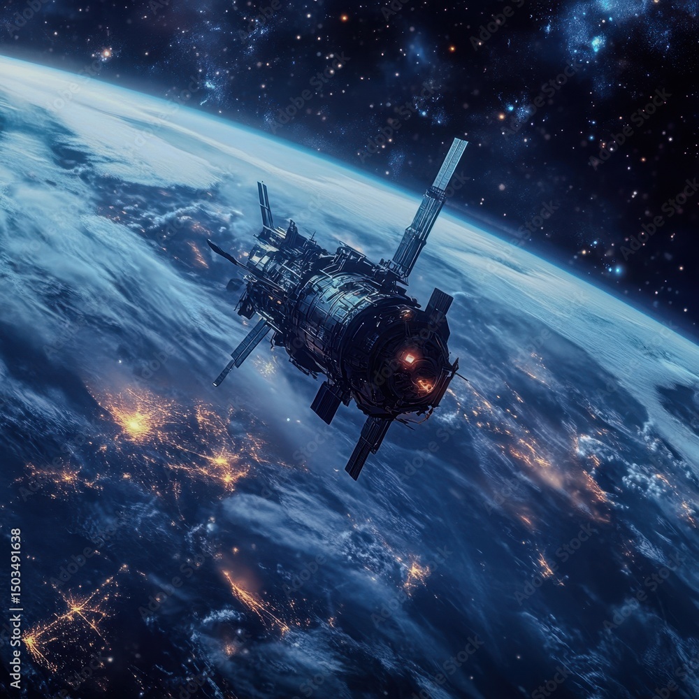 Naklejka premium A futuristic AIcontrolled defense satellite orbiting Earth