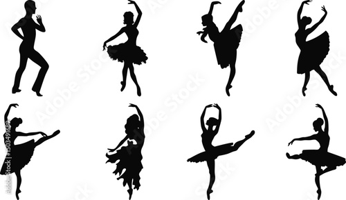 Female ballet dancers in arabesque and pirouette positions