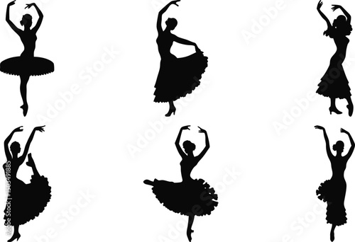 Graceful female ballet dancers performing expressive silhouette poses