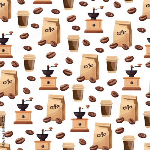 Coffee seamless pattern. Flat vector clipart, illustration with isolated background.