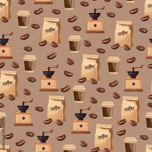 Coffee seamless pattern. Flat vector clipart, illustration with isolated background.