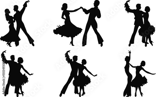 Ballroom dance couple silhouettes performing graceful movements