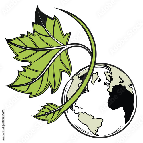 3D vector leaf wrapping around a sphere, eco-friendly brand identity

