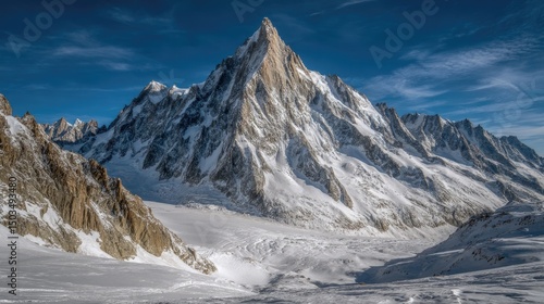 Alps Majesty Snowcovered peak rising to azure sky with scenic winter wonderland.