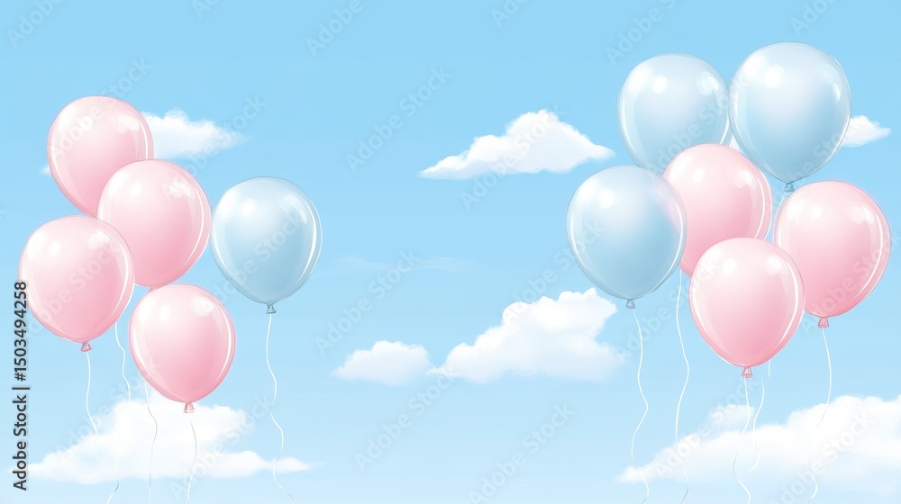 Pastel Balloons in a Sky Filled with Clouds birthday background Pastel Balloons in a Sky Filled with Clouds birthday background