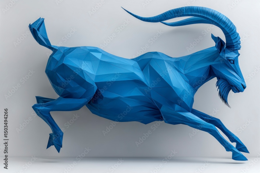 Obraz premium Geometric Blue Antelope Sculpture in Motion Abstract Animal Art Modern Design 3D Rendering