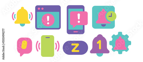 Two-Color vector icons of mobile notifications: bell icon, popup window, app alert, reminder icon, vibration signal, snooze option, badge counter, notification settings.