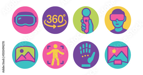Two-Color vector icons of virtual reality in circular design: VR headset, 360° symbol, hand controller, digital avatar, virtual environment, motion tracking, haptic glove, VR room.
