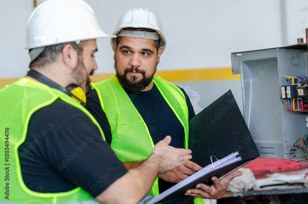 Two male workers holding a binder and wearing safety gear checking on a machine at construction site.Recycle concept.One worker giving indication to another Two male workers holding a binder and wearing safety gear checking on a machine at construction site.Recycle concept.One worker giving indication to another