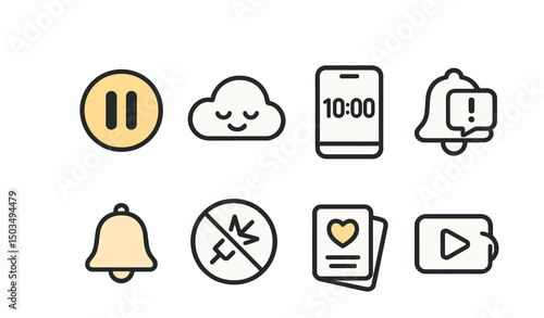 Outline with Fill style icons of mindful app features: pause button, calm icon, time limit screen, helpful reminder, soft bell, no streak, affirmations, gentle animation.