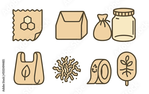 Outline with Fill style icons of eco packing alternatives: beeswax wrap, paper box, cloth pouch, glass jar, biodegradable bag, paper filler, recycled tape, compost label.