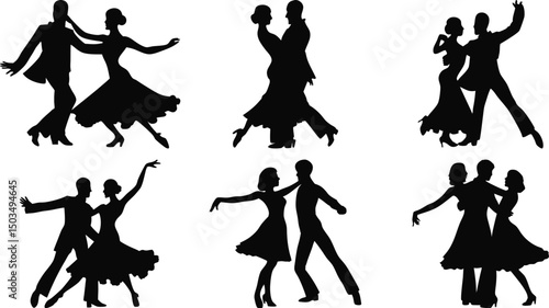 Silhouettes of dancing couples in energetic poses – romantic dance vector set