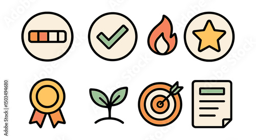 Outline with Fill style icons of creative habit tracker in circles: progress bar, checkmark, reward star, streak flame, badge, target icon, journal page, growth sprout.
