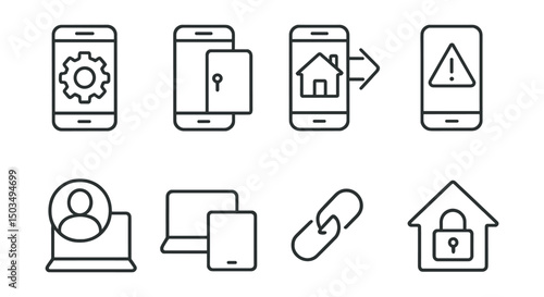 Line style icons of remote access: mobile app control, remote unlock door, smart home from phone, notification alert, system access icon, remote device view, connection symbol, smart home login.