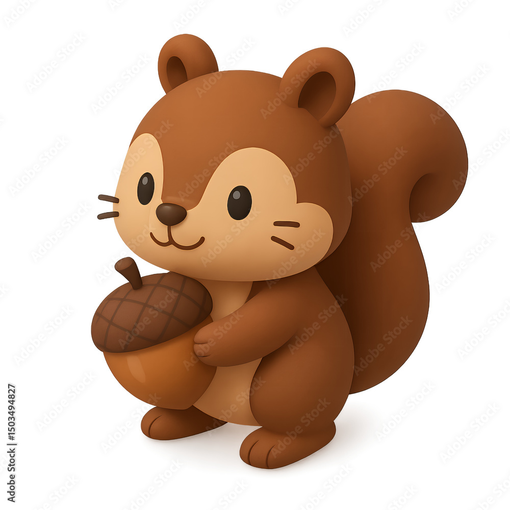Obraz premium Adorable 3D cartoon squirrel holding an acorn on transparent background, concept for children's book illustration, character design, and animation