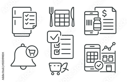 Line style icons of shopping planning: fridge checklist, meal plan chart, pantry scan icon, budget plan, shopping reminder, weekly grocery list, app planner icon, stock tracker.