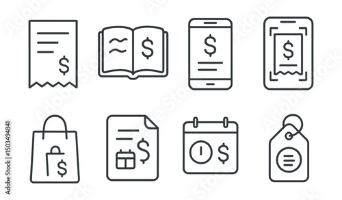 Line style icons of expense logging: receipt icon, handwritten log, mobile input screen, scan receipt feature, categorize purchase, recurring bill entry, date + amount icon, tag by category.