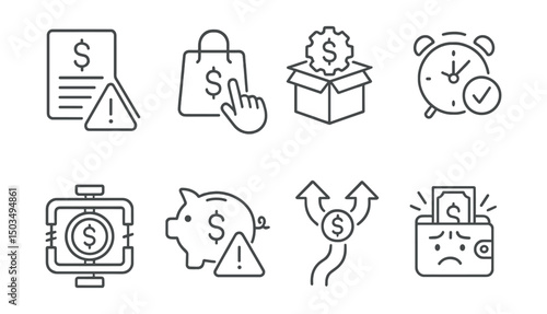 Line style icons of budgeting challenges: budget overrun alert, impulse buy icon, unexpected expense, forgot bill badge, end of month squeeze, under-saving warning, split decision icon, stress wallet
