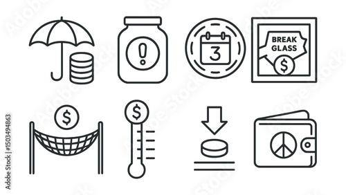 Line style icons of emergency funds: umbrella and coins icon, emergency jar, 3-month fund badge, break-glass savings, safety net symbol, fund goal tracker, minimum savings icon, peace-of-mind wallet.