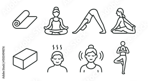Line style icons of yoga and flexibility: yoga mat, lotus pose, downward dog, seated stretch, yoga block, mindful breathing icon, guided flow symbol, balance icon.
