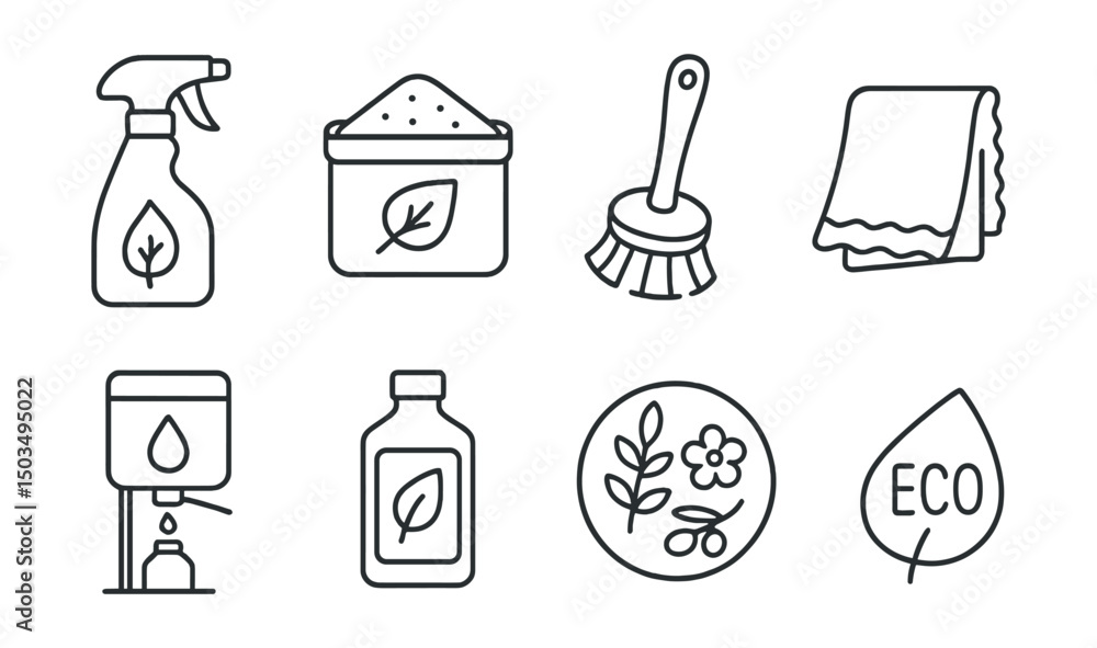 Line style icons of eco-friendly cleaning: vinegar spray bottle, baking soda icon, zero waste brush, reusable cloth, refill station, green cleaner, natural ingredients icon, eco label. Line style icons of eco-friendly cleaning: vinegar spray bottle, baking soda icon, zero waste brush, reusable cloth, refill station, green cleaner, natural ingredients icon, eco label.