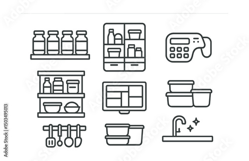 Line style icons of kitchen organization: spice jar row, fridge tidy layout, pantry shelf, label maker icon, drawer divider, food container set, utensil rack, clean countertop.
