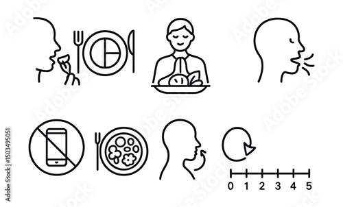 Line style icons of mindful eating: slow bite icon, portion control, gratitude before meal, chew icon, no distractions badge, colorful plate, intuitive eating chart, hunger scale.