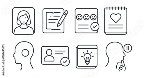 Line style icons of self-reflection: mirror moment, daily journal, mood tracker, gratitude log, reflection icon, check-in card, weekly insight, pause and think symbol.