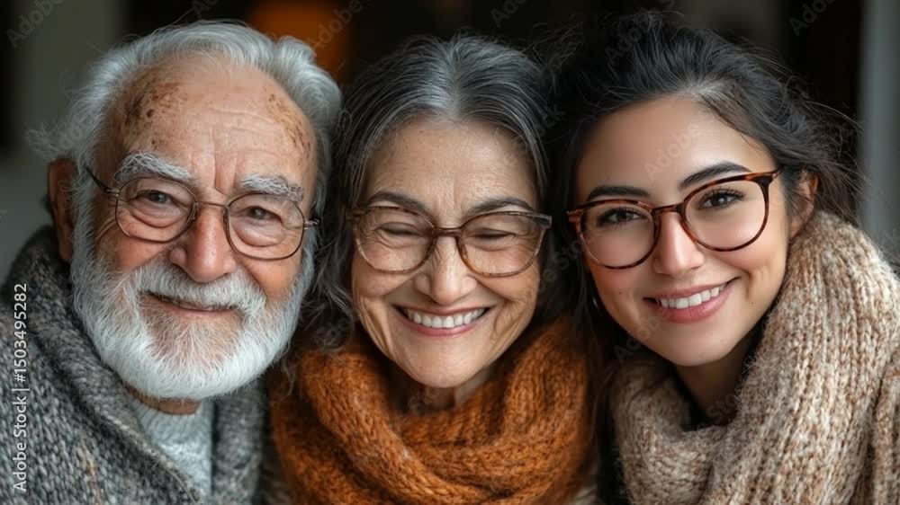 Three Generations Smiling: A heartwarming portrait of three generations—grandfather, mother, and daughter—sharing a tender moment, their smiles reflecting the bond of family. Three Generations Smiling: A heartwarming portrait of three generations—grandfather, mother, and daughter—sharing a tender moment, their smiles reflecting the bond of family.