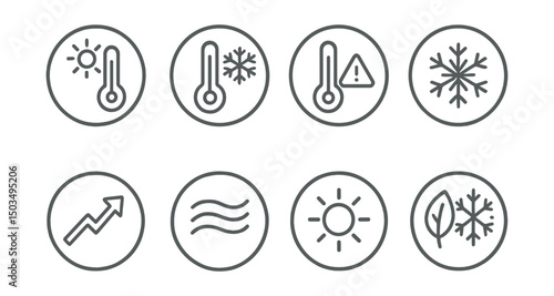 Line style icons of temperature changes in circles: hot thermometer, cold thermometer, high temp alert, freeze icon, warming trend arrow, cool breeze, mild symbol, seasonal shift.