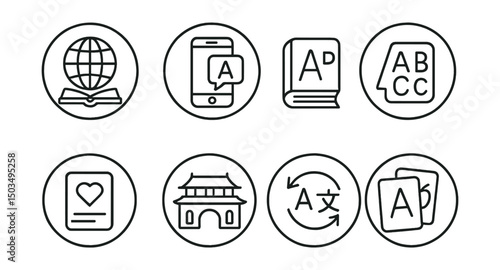 Line style icons of language and culture in circles: globe with book, language learning app, foreign dictionary, alphabet practice, phrase card, cultural icon, translation tool, flashcard game.
