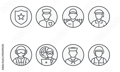 Line style icons of military and protection roles in circles: soldier badge, security guard icon, border patrol, defense analyst, air force pilot, navy sailor, emergency responder, rescue crew.