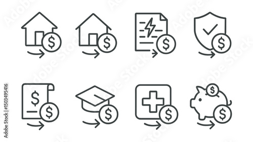 Line style icons of transactions: mortgage payment transaction, rent payment transaction, utility bill transaction, insurance premium transaction, tax payment transaction, tuition payment transaction