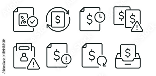 Line style icons of transactions: cashback notification, cashback processing, delayed transaction notice, duplicate transaction alert, missing payment report, unclaimed payment alert, returned
