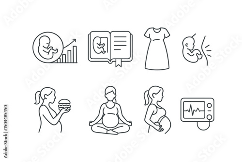Line style icons of pregnancy: fetal growth chart, pregnancy journal, maternity clothes, baby kicks icon, pregnancy cravings, prenatal yoga pose, belly headphones, baby heartbeat monitor.