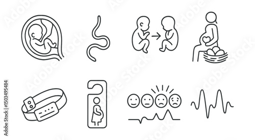 Line style icons of pregnancy: placenta diagram, umbilical cord icon, fetal position change, nesting instinct icon, hospital bracelet, maternity parking pass, contraction pain scale, breathing rhythm