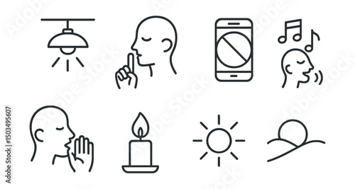 Line style icons of bathhouse: bathhouse interior light, quiet zone symbol, no phone sign, relax music icon, whispering symbol, candle flame, soft glow icon, peaceful atmosphere.