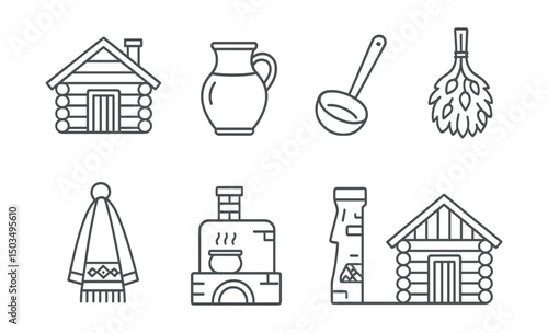 Line style icons of bathhouse: traditional Russian bathhouse, wooden log walls, clay water jug, old ladle icon, handmade broom, folk embroidery towel, old-style stove, village bathhouse.