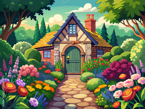 vector of A lovely cottage garden full of vibrant flowers, attractively framing the paved entrance.
