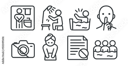 Line style icons of Japanese bath: bath etiquette sign, rinse before entry, no splash icon, quiet zone symbol, no camera sign, respectful guest icon, bath rules sheet, group soak icon.