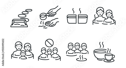 Line style icons of Japanese bath: stone path to bath, water ladle ritual, double soak symbol, couples bath icon, family onsen sign, quiet group bath, slow ritual clock, tea and bath combo.